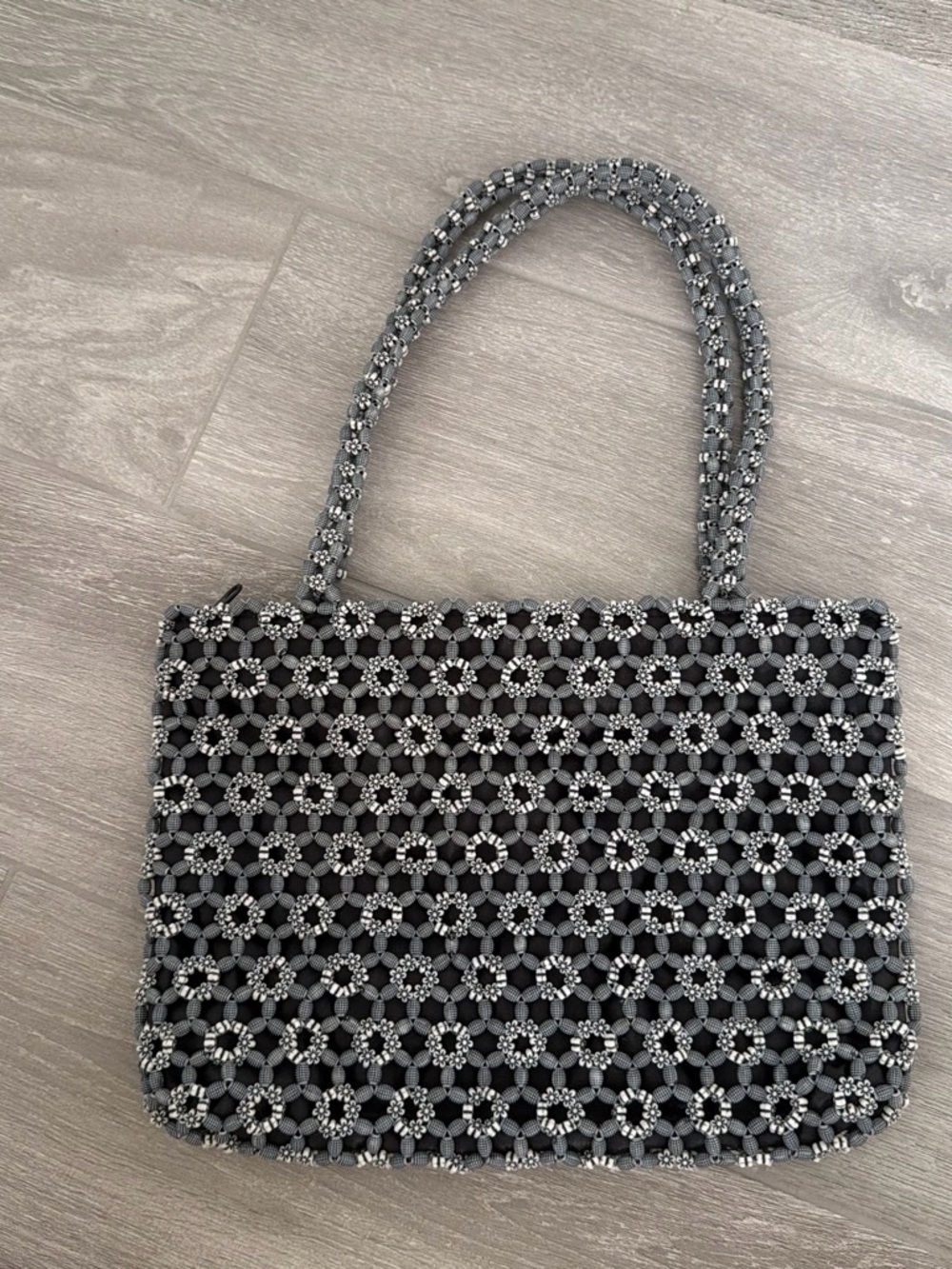 Graphic Beaded Mesh Shoulder Bag in Charcoal Gray